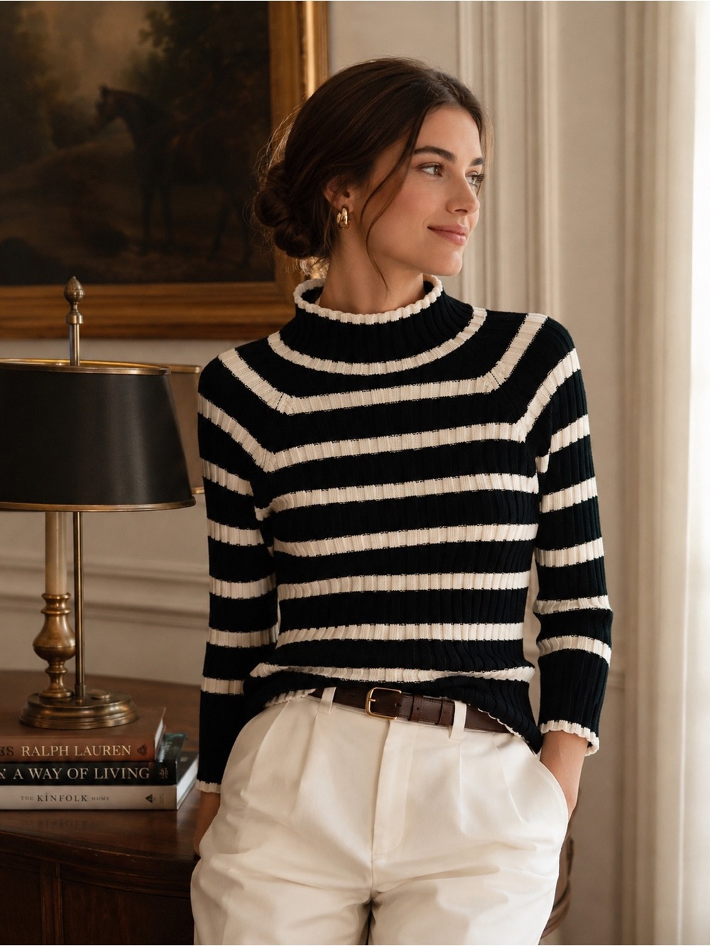 Altar’d State Ribbed Striped Mock Neck Sweater Black Cream Preppy Coastal M - Picture 1 of 9